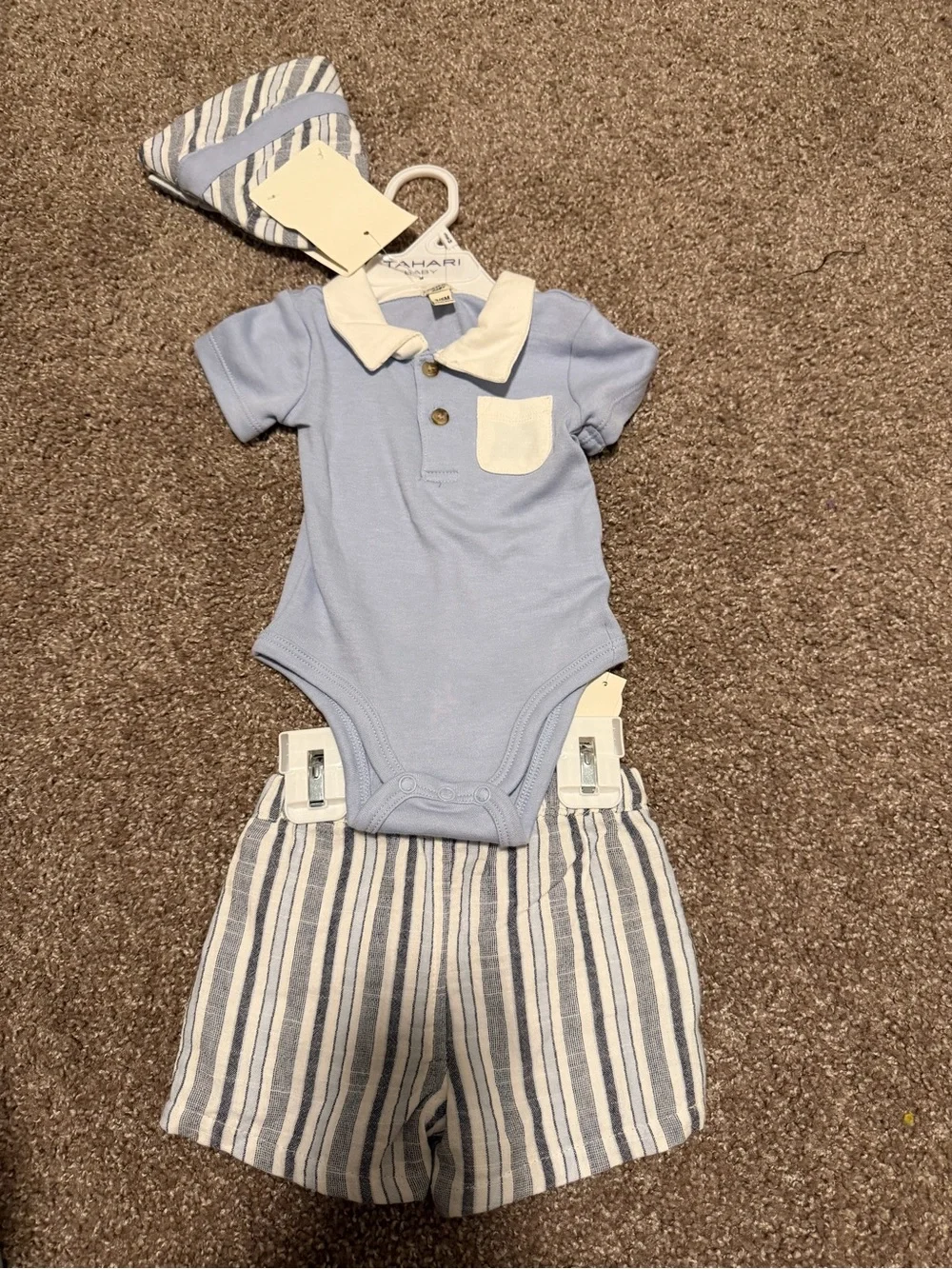 Tahari Light Blue Bodysuit with Striped Shorts